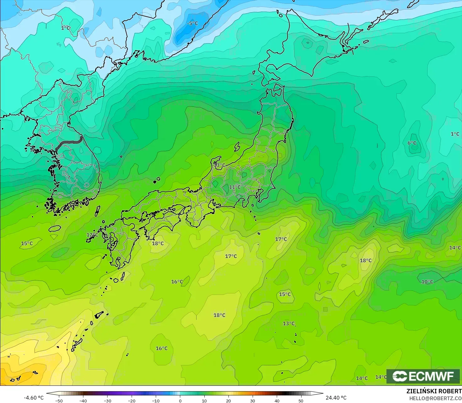 ECMWF IFS 0.25° モデル - 日本, 気温（850hPa）