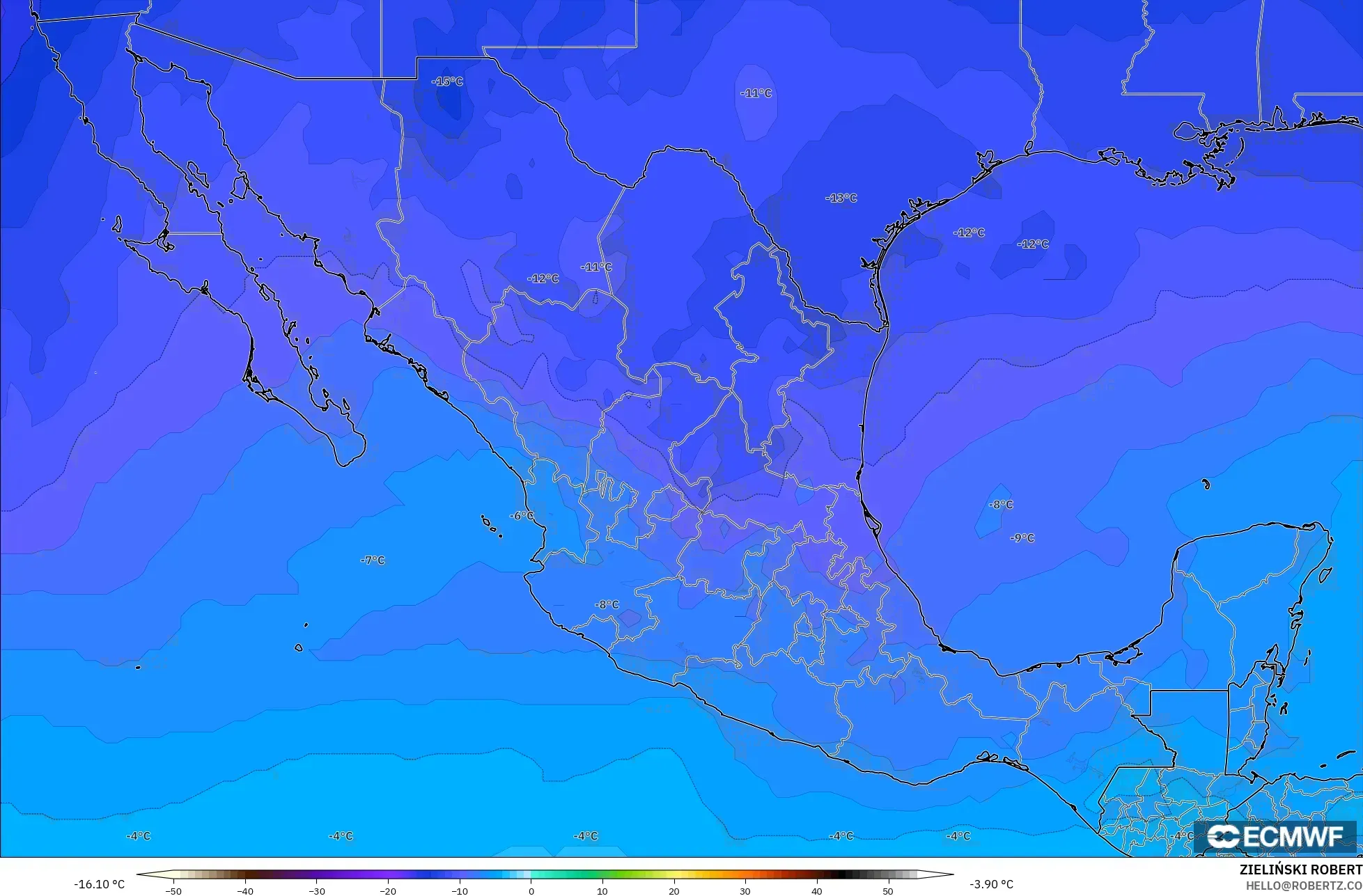 ECMWF IFS 0.25° モデル - メキシコ, 気温（500hPa）