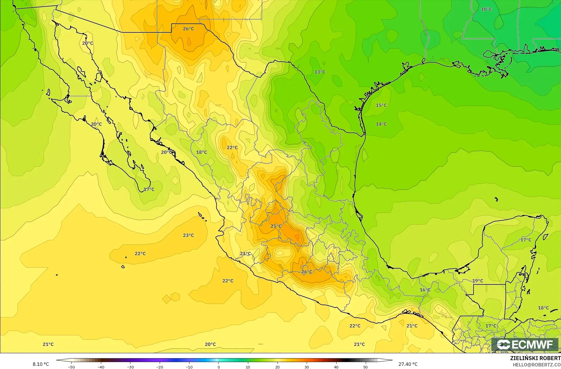ECMWF IFS 0.25° モデル - メキシコ, 気温（850hPa）