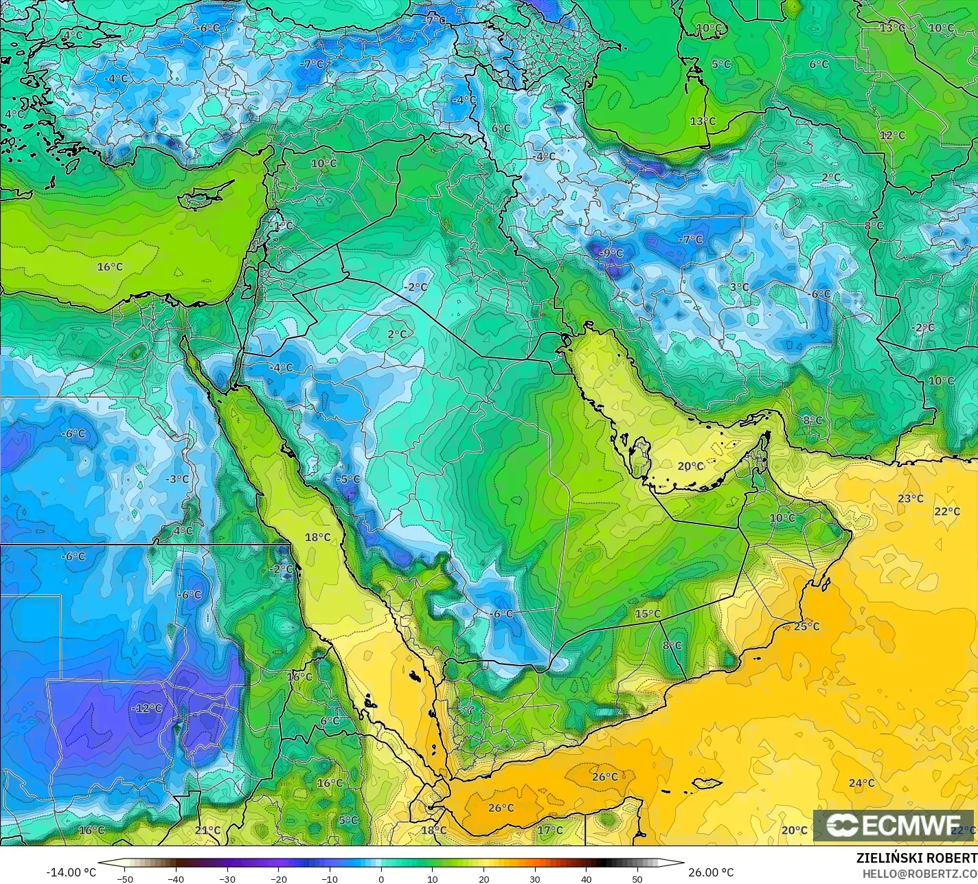 ECMWF IFS 0.25° モデル - 中東, 露点温度（2m）