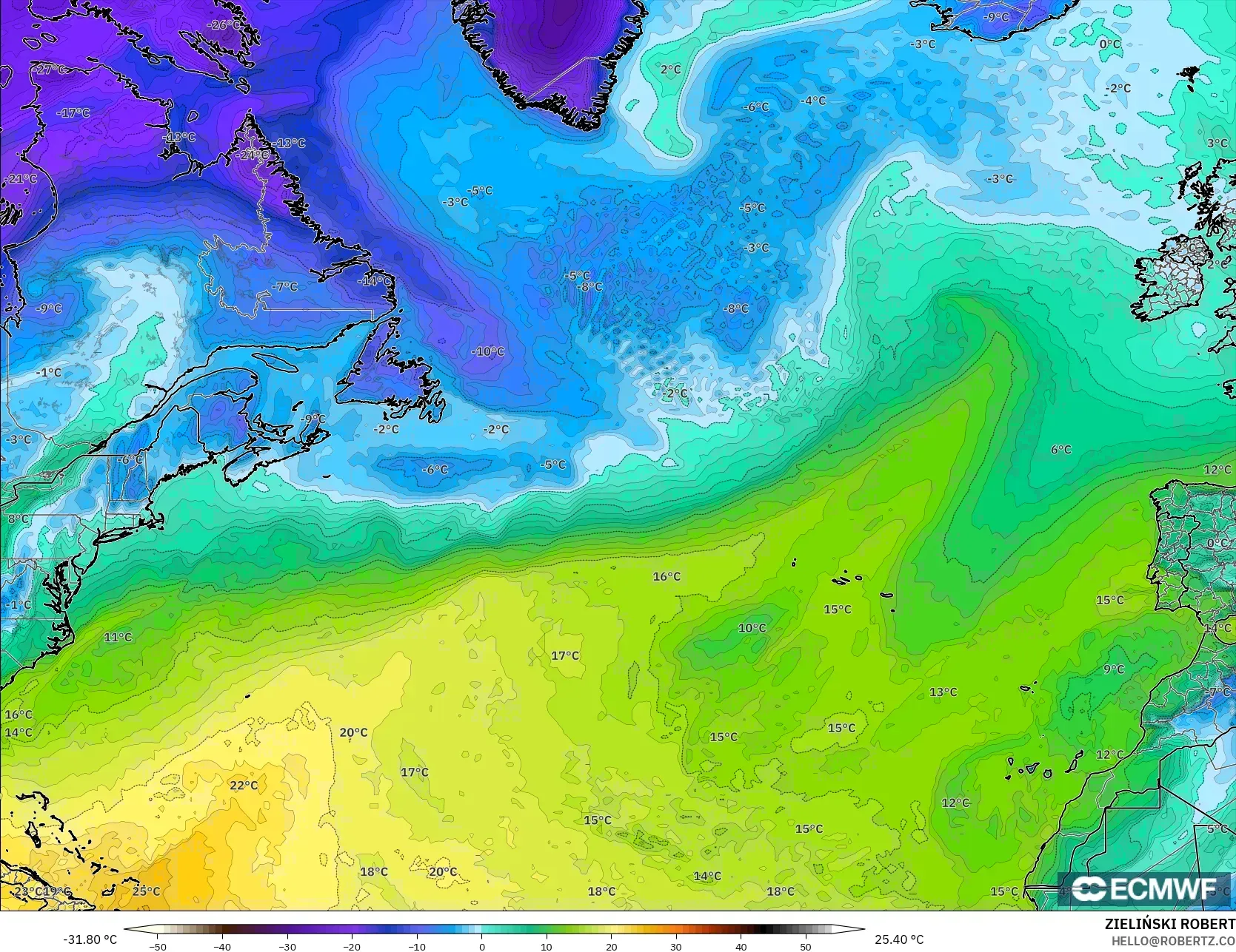 ECMWF IFS 0.25° モデル - 北大西洋, 露点温度（2m）