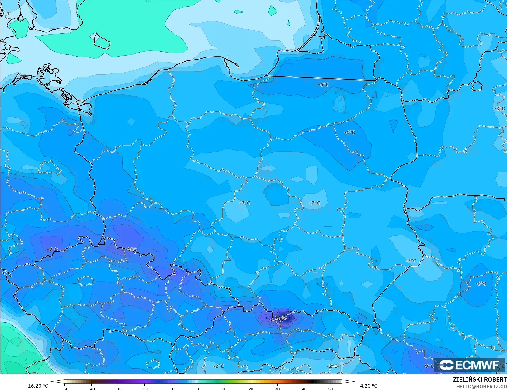 ECMWF IFS 0.25° モデル - ポーランド, 露点温度（2m）
