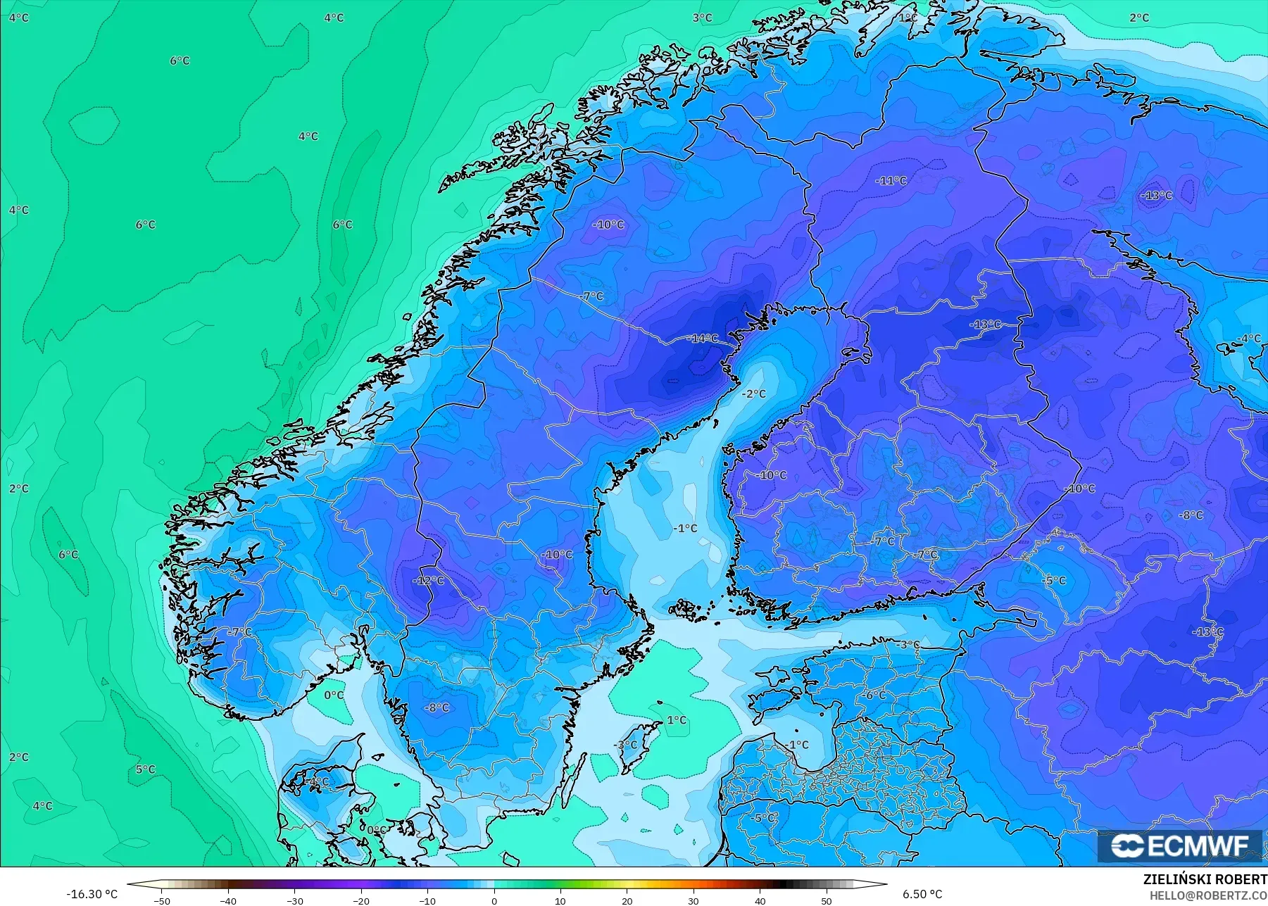 ECMWF IFS 0.25° モデル - スカンジナビア, 露点温度（2m）