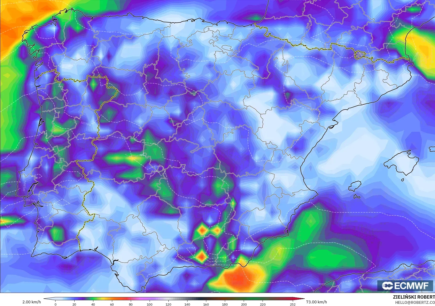 ECMWF IFS 0.25° モデル - スペイン, 突風