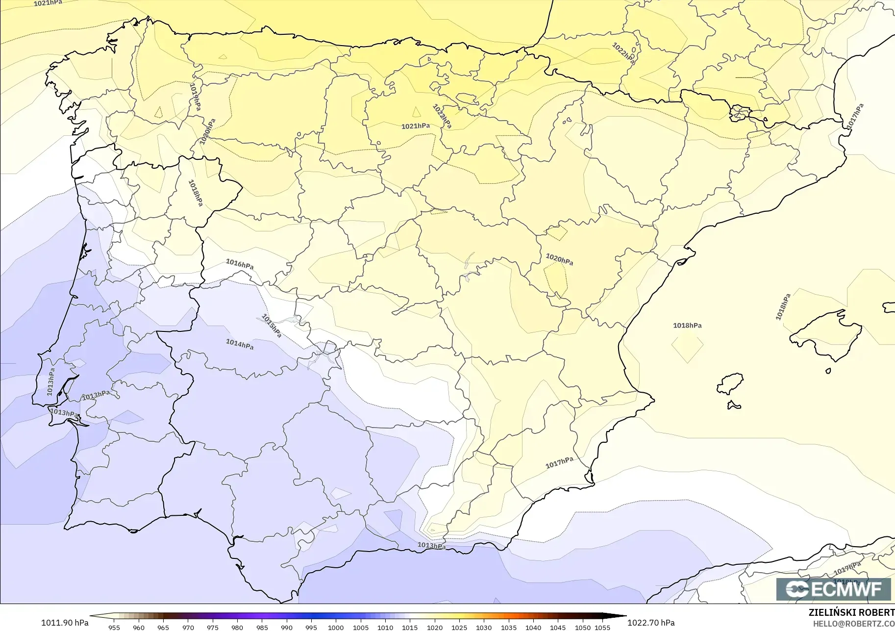 ECMWF IFS 0.25° モデル - スペイン, 気圧