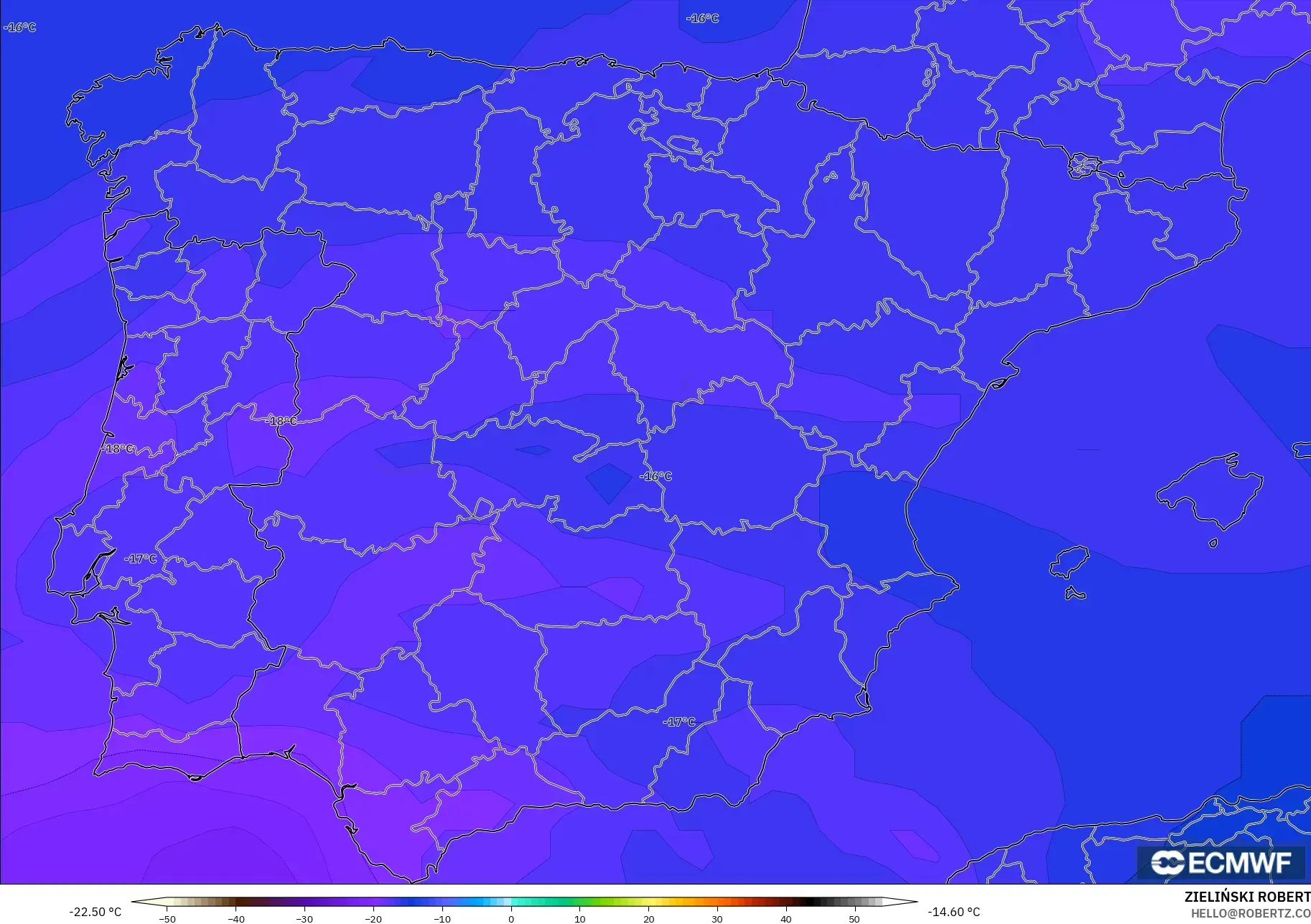 ECMWF IFS 0.25° モデル - スペイン, 気温（500hPa）