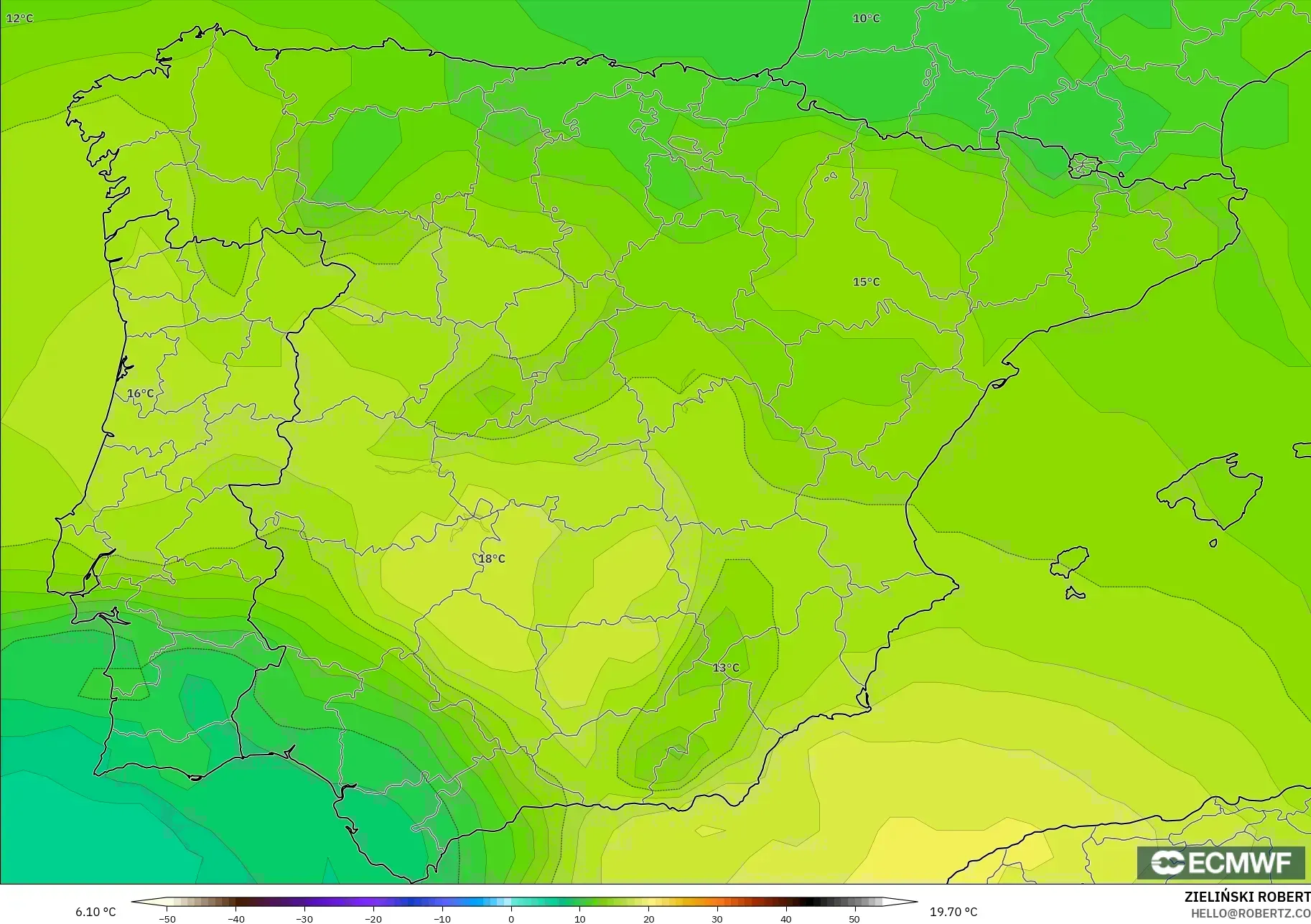ECMWF IFS 0.25° モデル - スペイン, 気温（850hPa）