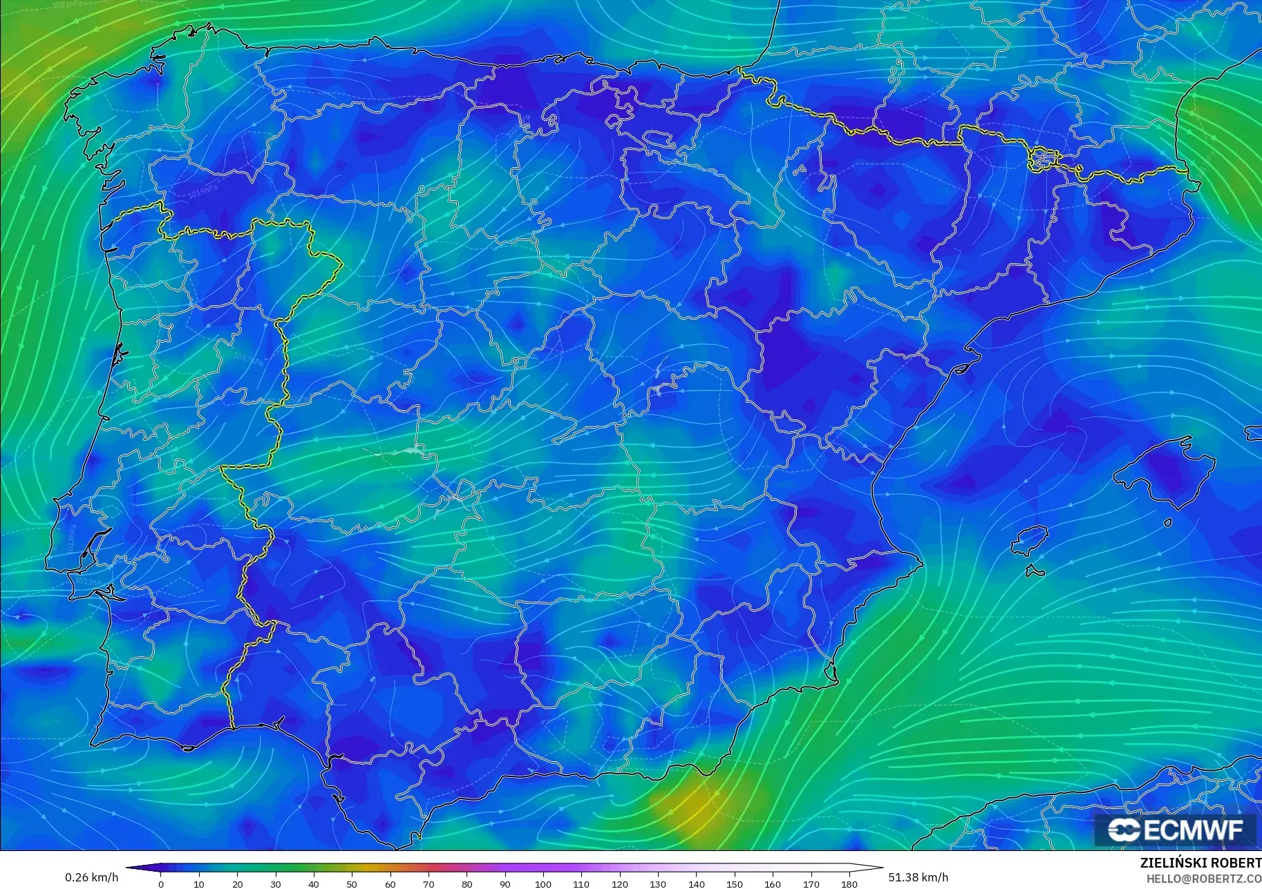 ECMWF IFS 0.25° モデル - スペイン, 風速（10m）