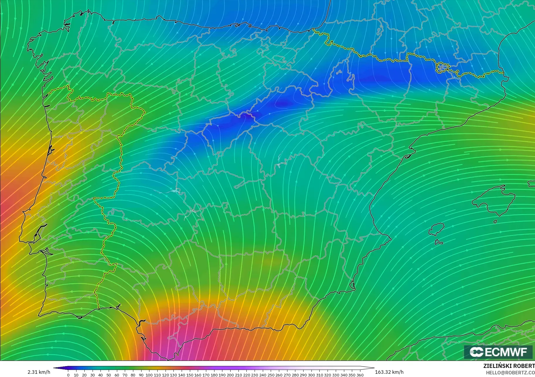 ECMWF IFS 0.25° モデル - スペイン, 風速（300hPa）