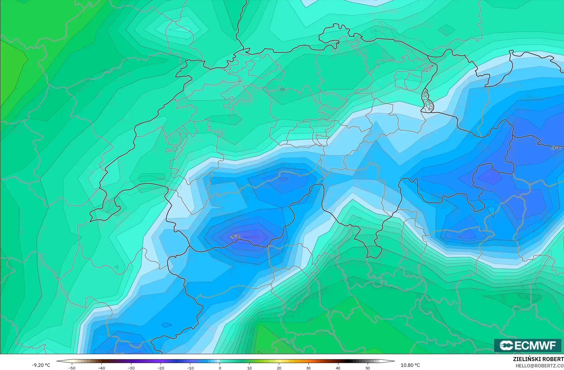 ECMWF IFS 0.25° モデル - スイス, 露点温度（2m）
