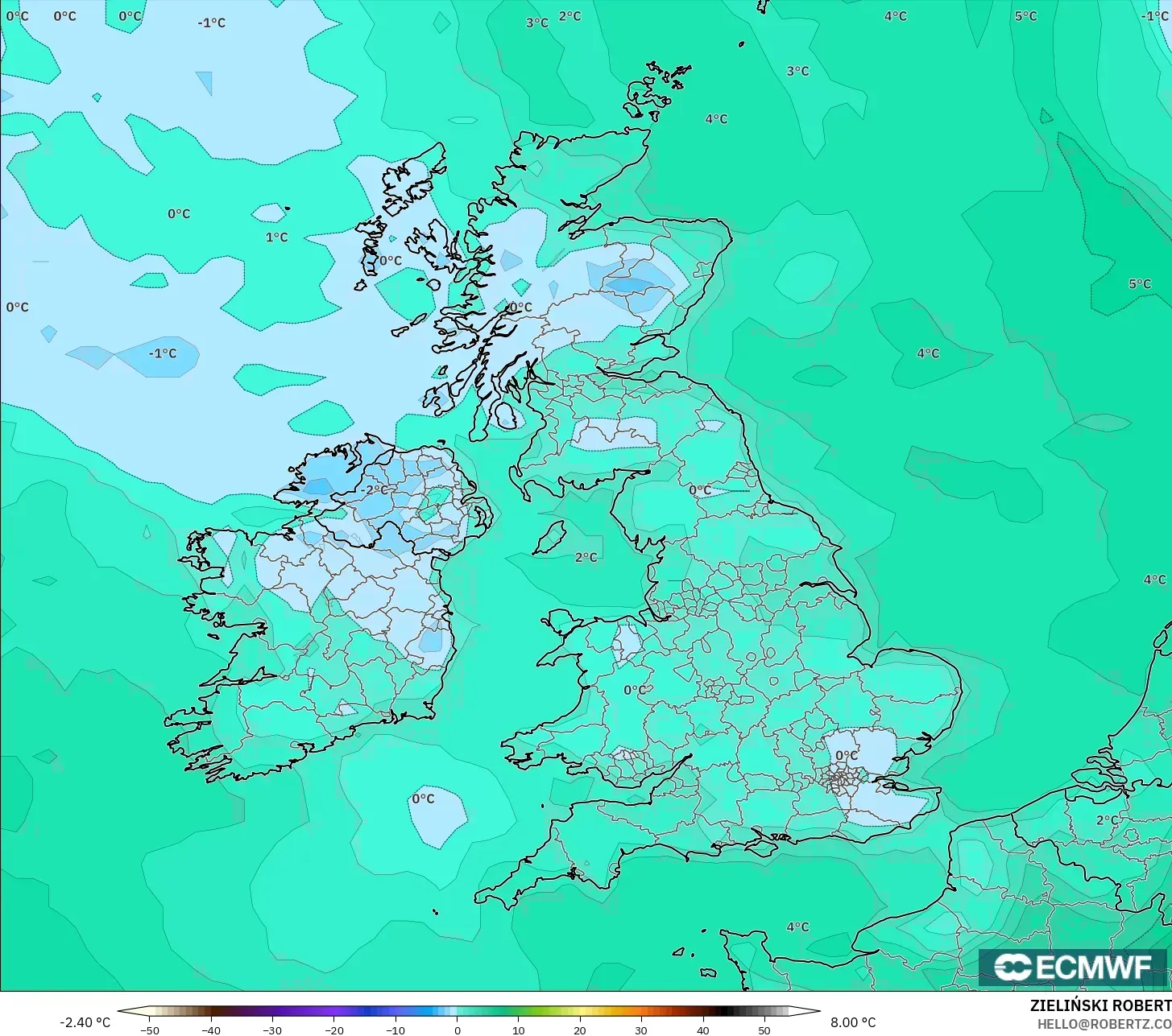 ECMWF IFS 0.25° モデル - イギリス, 露点温度（2m）