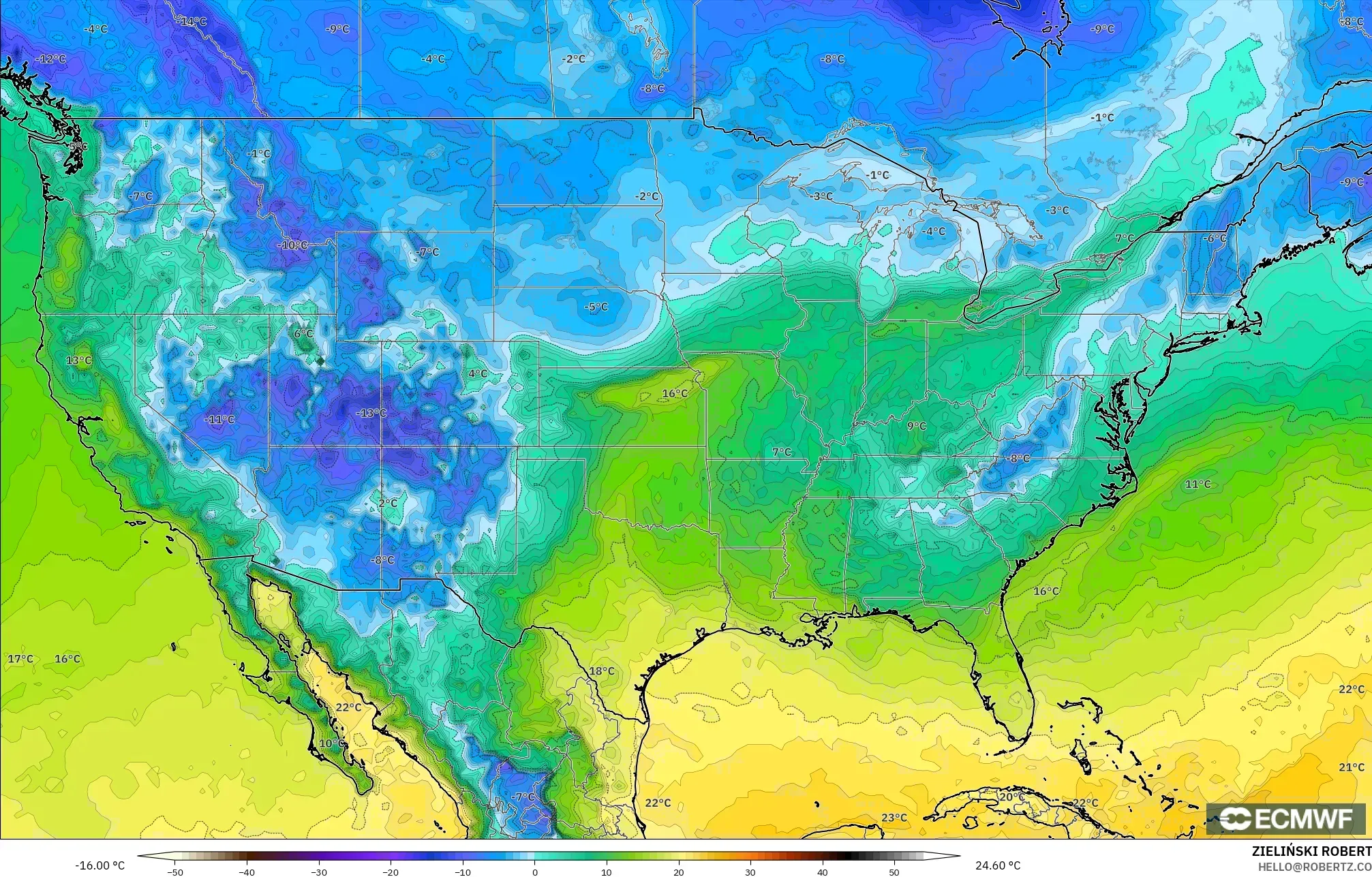 ECMWF IFS 0.25° モデル - アメリカ合衆国, 露点温度（2m）