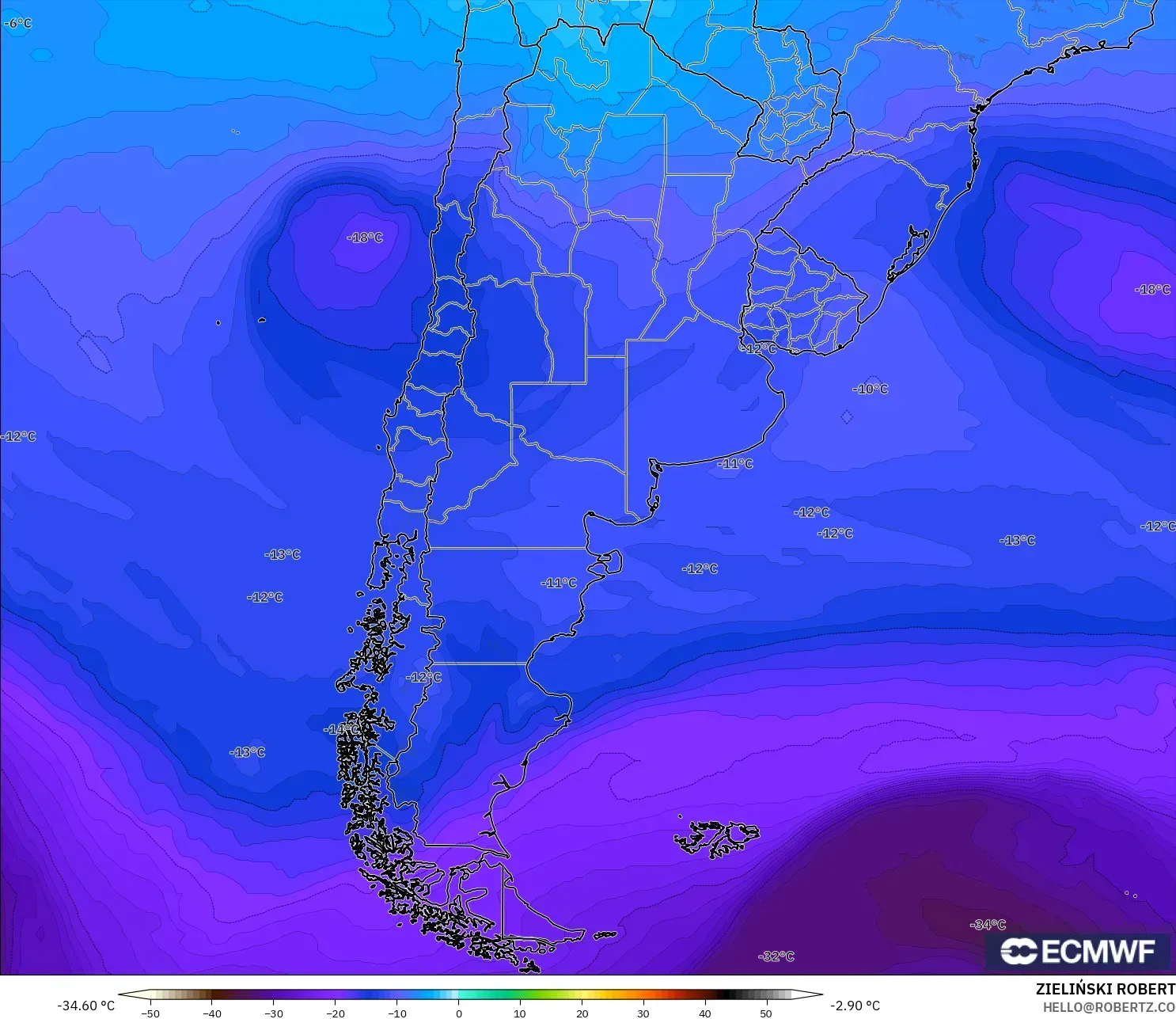 ECMWF IFS 0.25° モデル - アルゼンチン, 気温（500hPa）