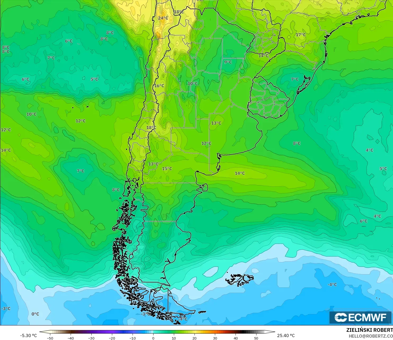 ECMWF IFS 0.25° モデル - アルゼンチン, 気温（850hPa）