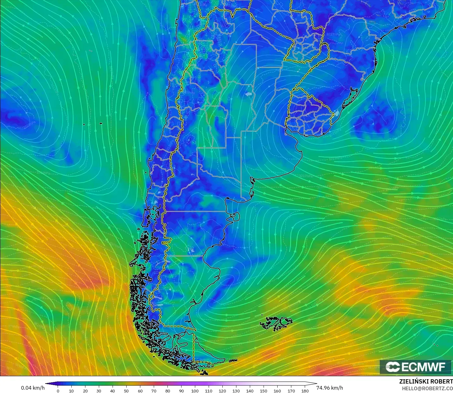 ECMWF IFS 0.25° モデル - アルゼンチン, 風速（10m）
