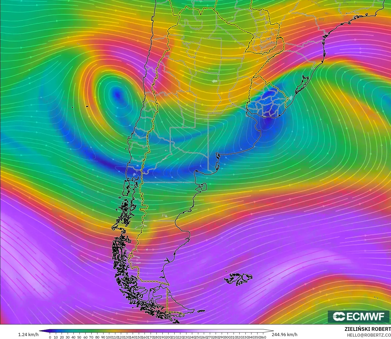 ECMWF IFS 0.25° モデル - アルゼンチン, 風速（300hPa）