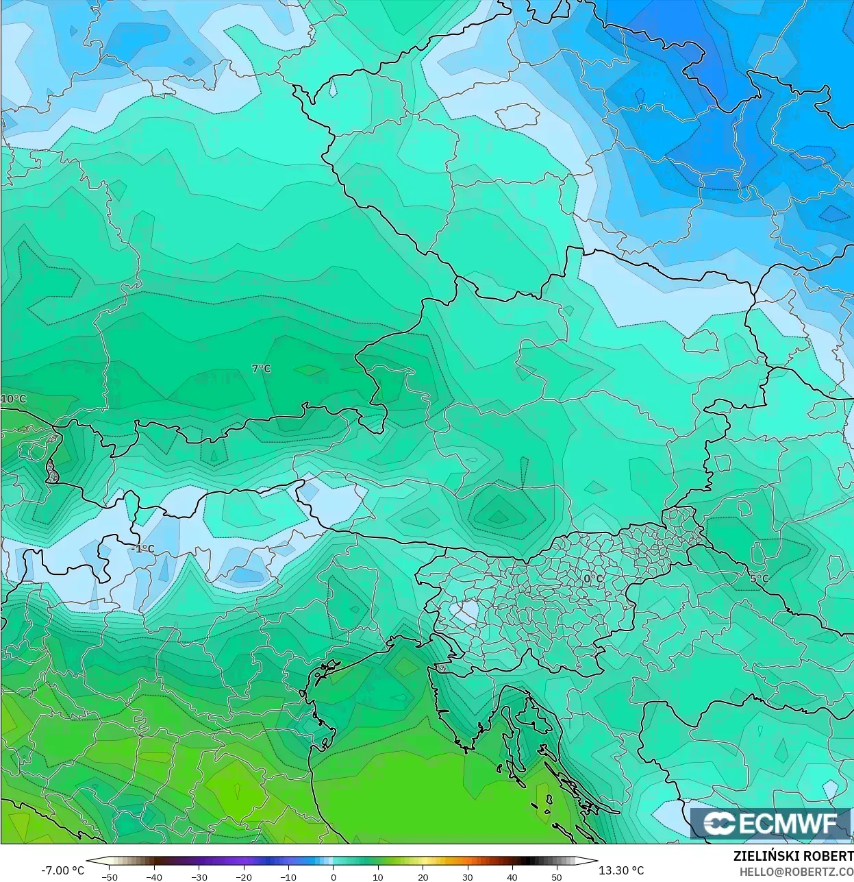 ECMWF IFS 0.25° モデル - オーストリア, 露点温度（2m）