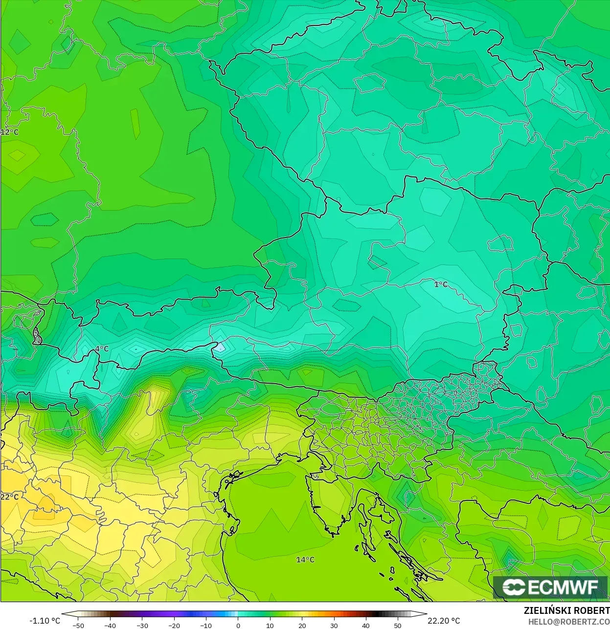 ECMWF IFS 0.25° モデル - オーストリア, 気温（2m）