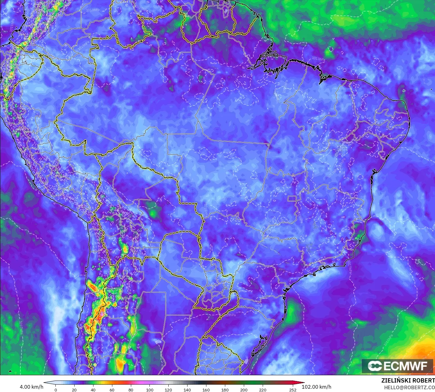 ECMWF IFS 0.25° モデル - ブラジル, 突風（最大）