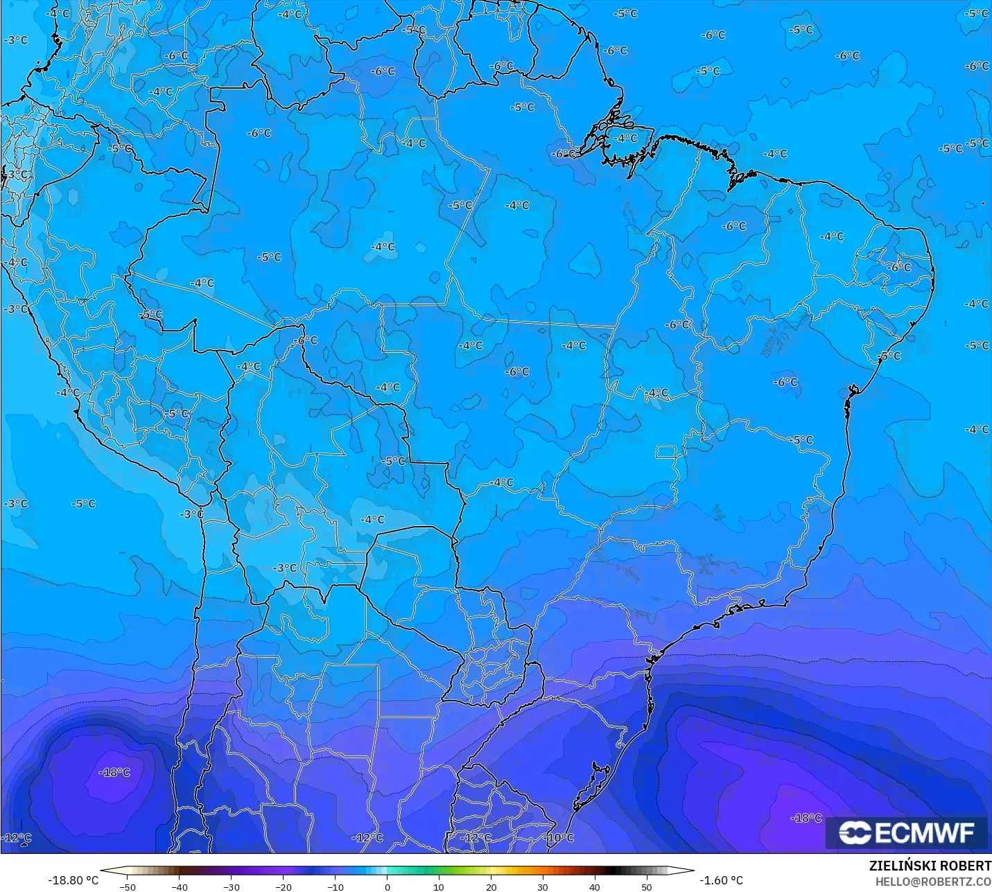ECMWF IFS 0.25° モデル - ブラジル, 気温（500hPa）