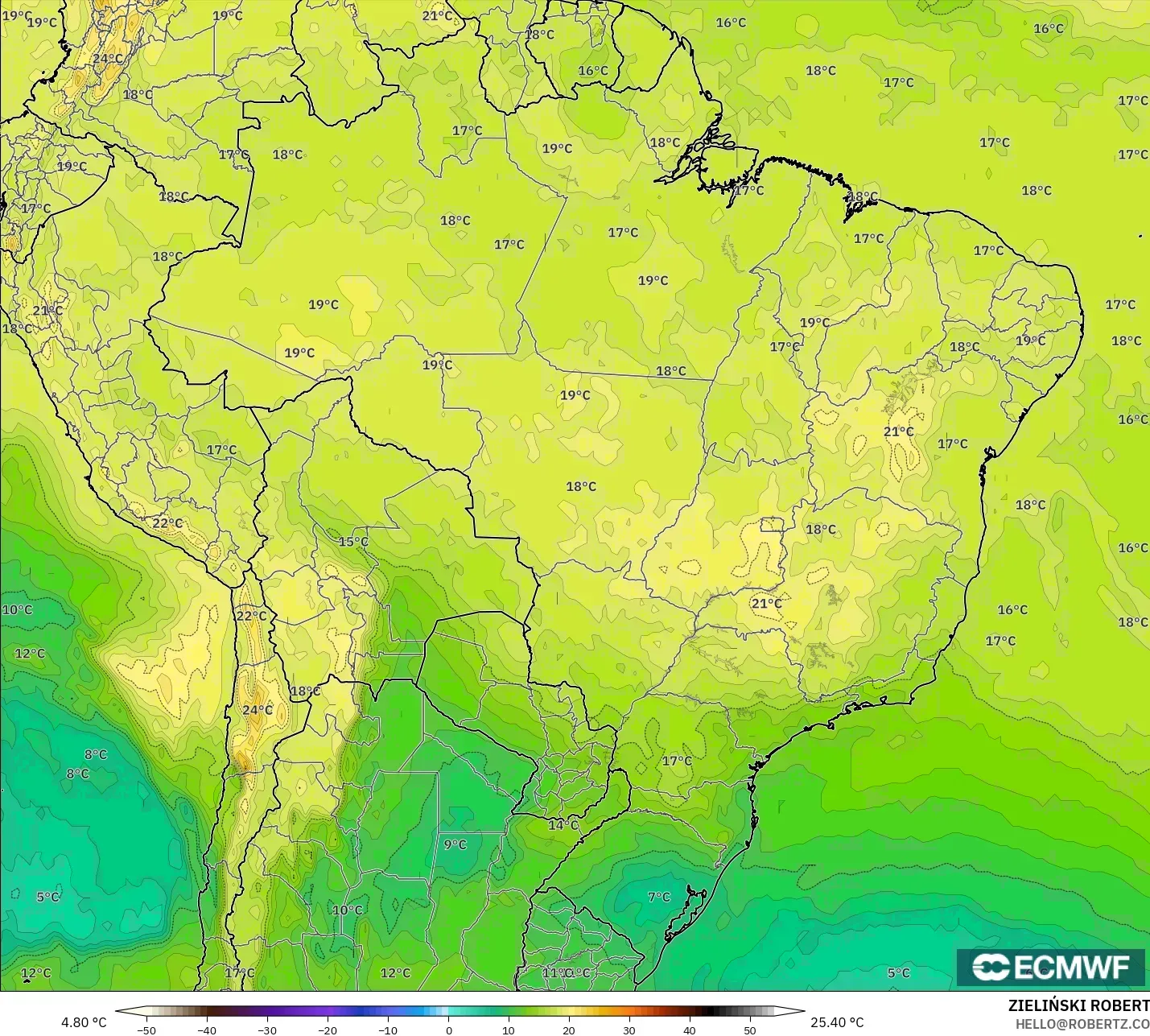ECMWF IFS 0.25° モデル - ブラジル, 気温（850hPa）