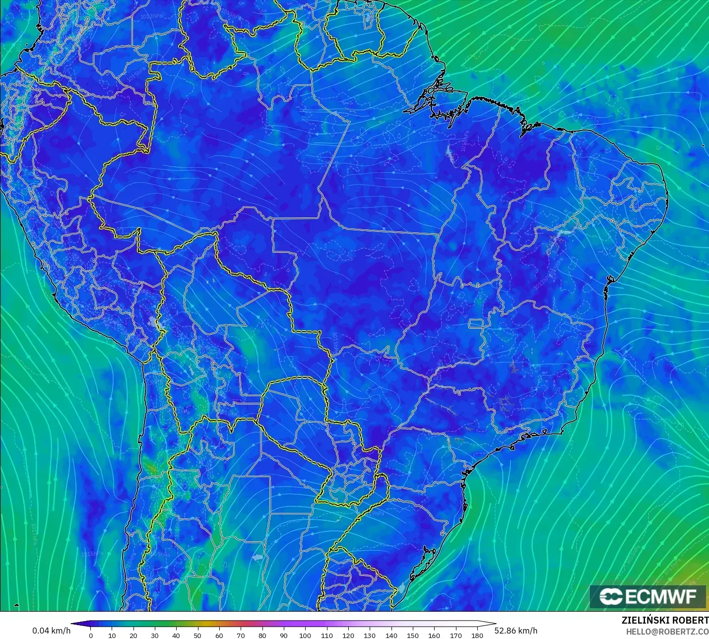 ECMWF IFS 0.25° モデル - ブラジル, 風速（10m）