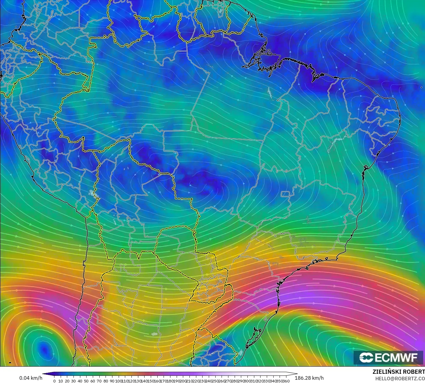 ECMWF IFS 0.25° モデル - ブラジル, 風速（300hPa）