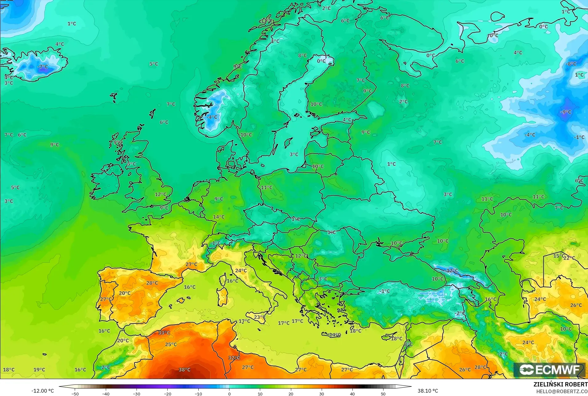 ECMWF IFS 0.25° モデル - ヨーロッパ, 気温（2m）