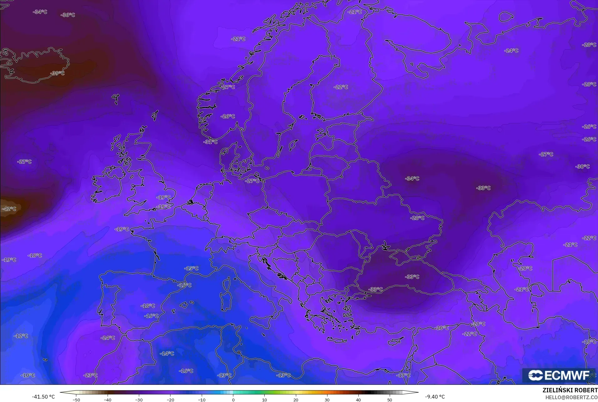 ECMWF IFS 0.25° モデル - ヨーロッパ, 気温（500hPa）