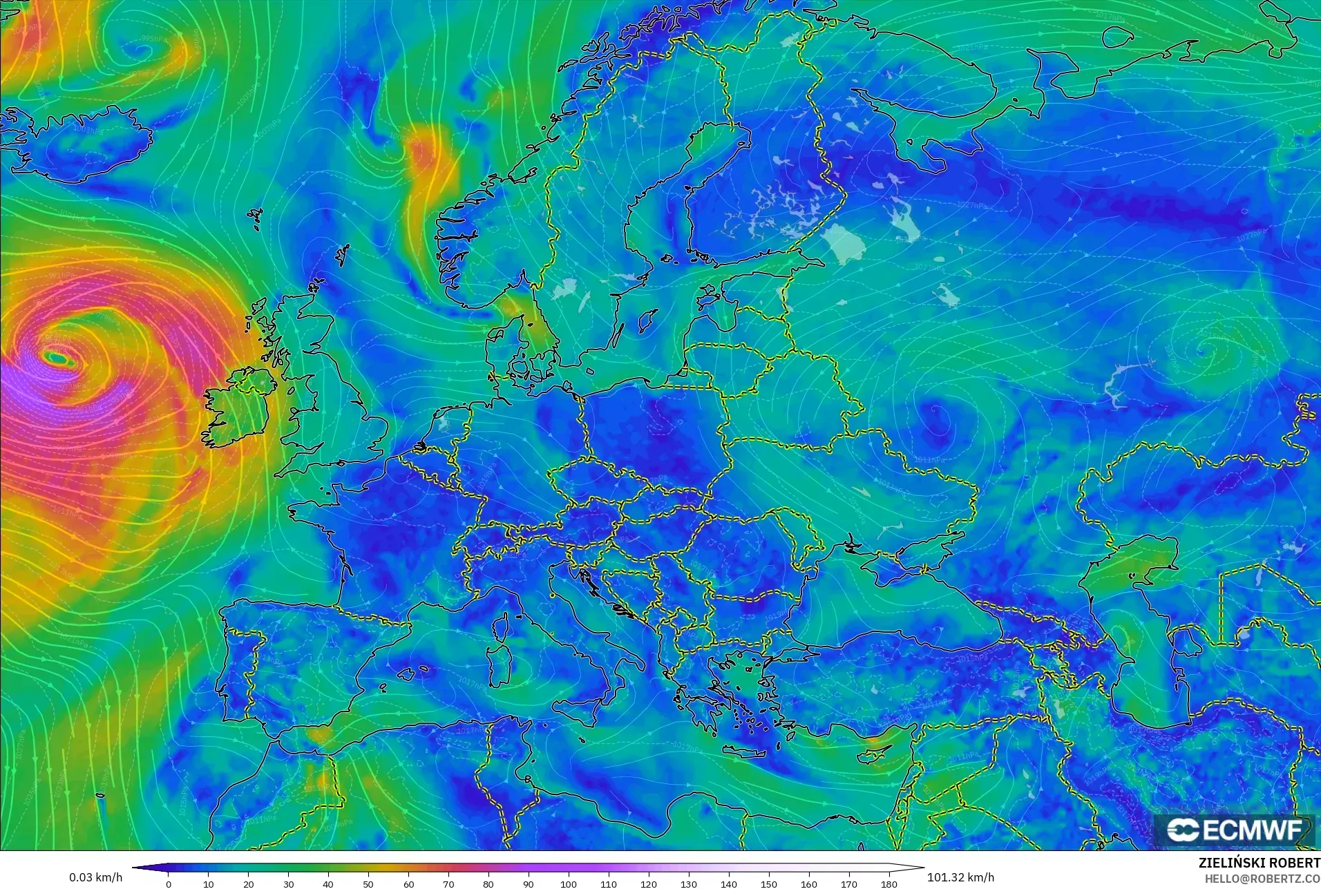 ECMWF IFS 0.25° モデル - ヨーロッパ, 風速（10m）
