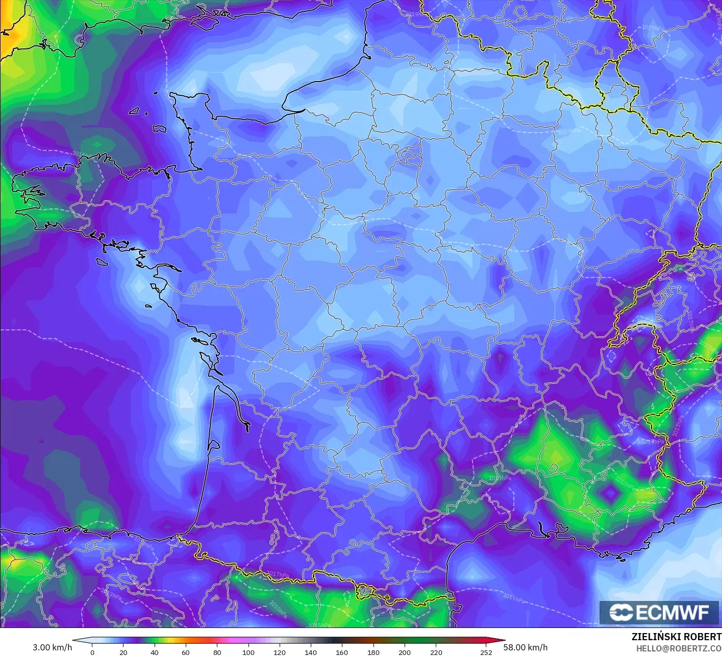 ECMWF IFS 0.25° モデル - フランス, 突風