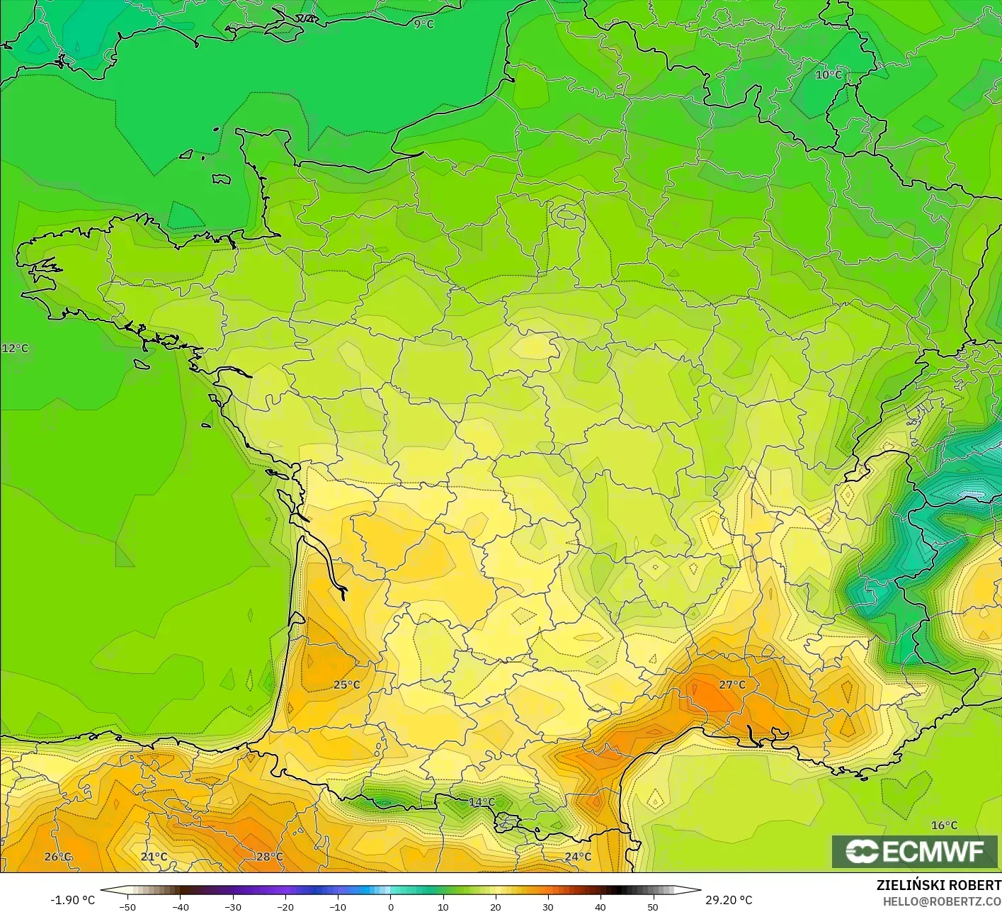 ECMWF IFS 0.25° モデル - フランス, 気温（2m）