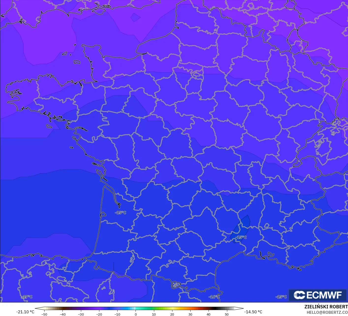 ECMWF IFS 0.25° モデル - フランス, 気温（500hPa）