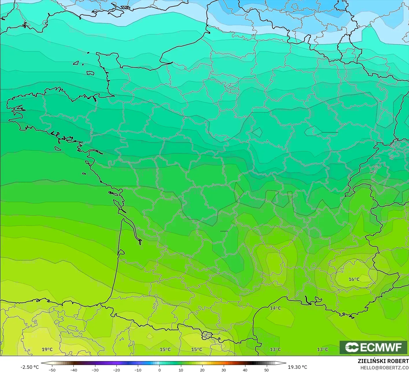 ECMWF IFS 0.25° モデル - フランス, 気温（850hPa）