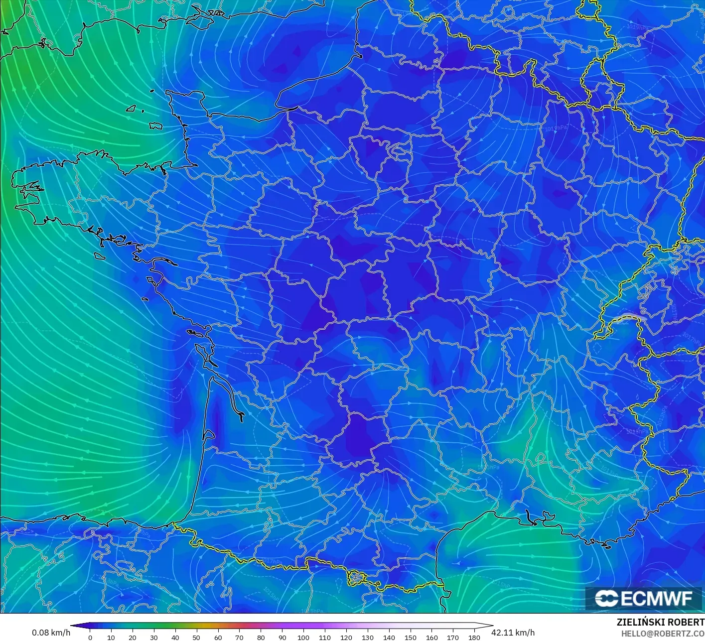 ECMWF IFS 0.25° モデル - フランス, 風速（10m）