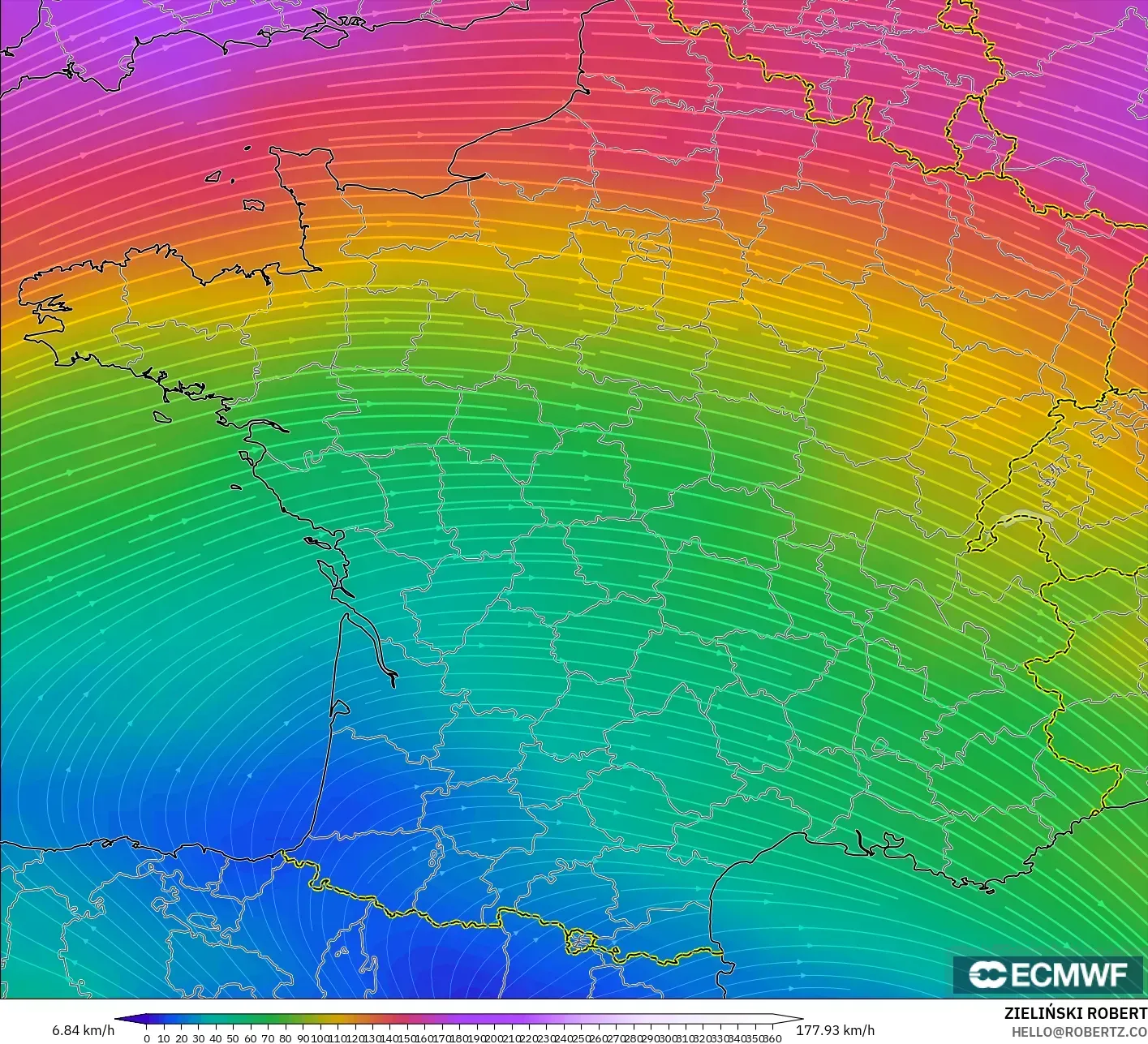 ECMWF IFS 0.25° モデル - フランス, 風速（300hPa）