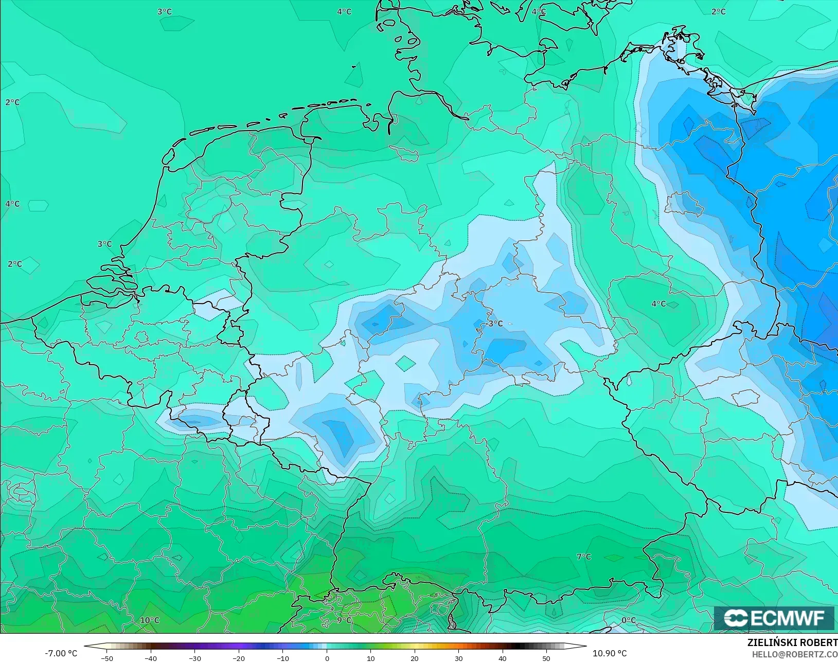 ECMWF IFS 0.25° モデル - ドイツ, 露点温度（2m）
