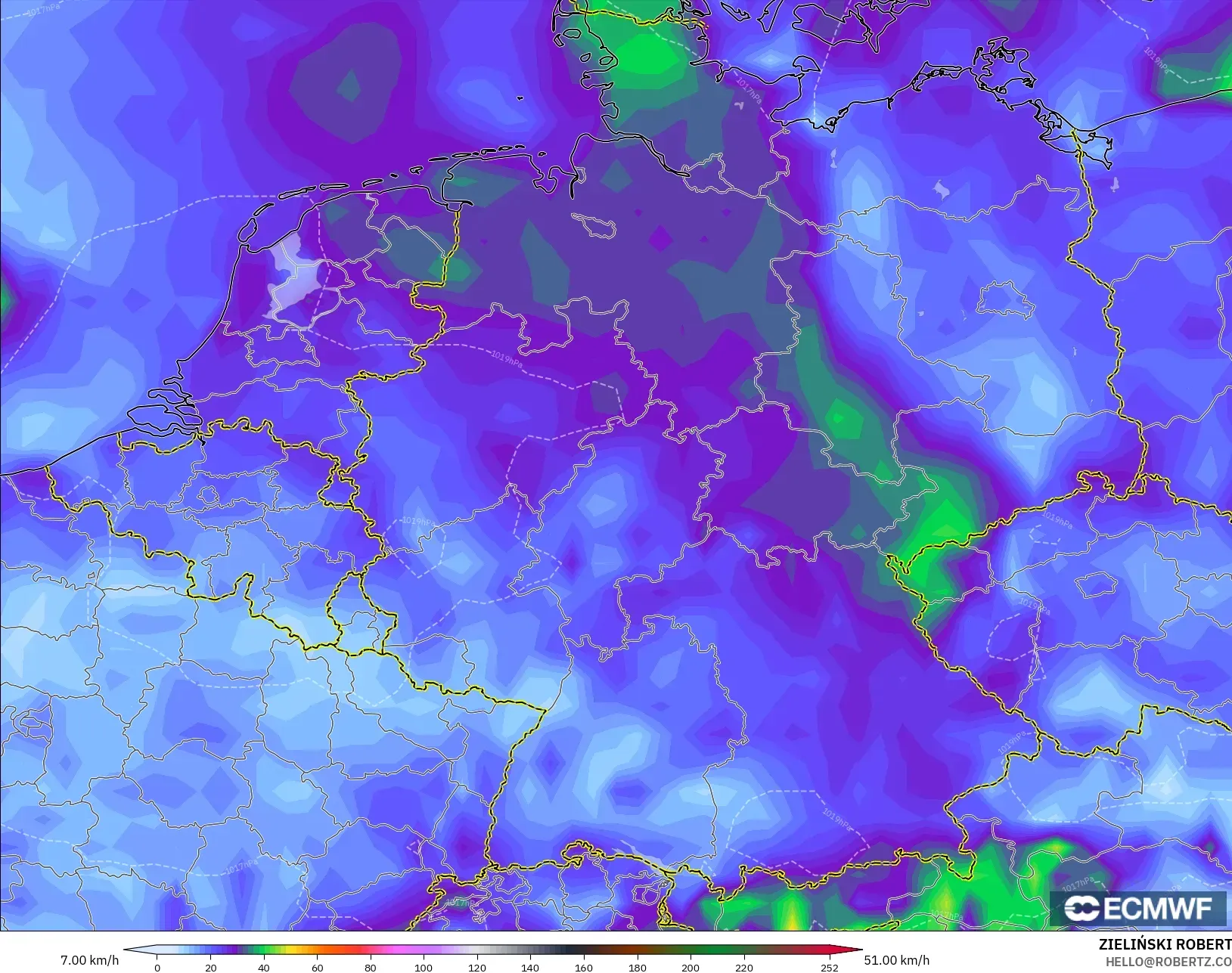 ECMWF IFS 0.25° モデル - ドイツ, 突風（最大）