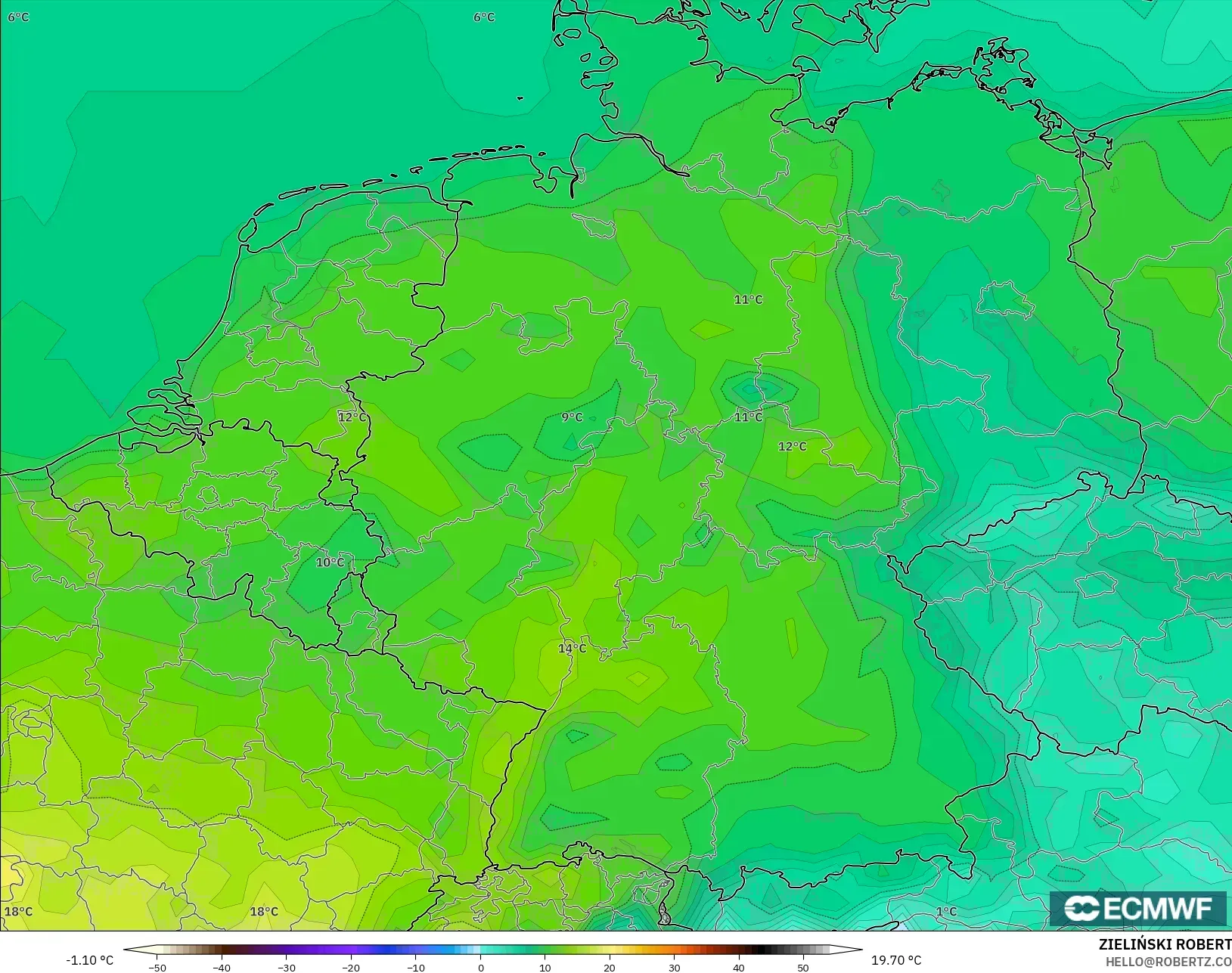 ECMWF IFS 0.25° モデル - ドイツ, 気温（2m）