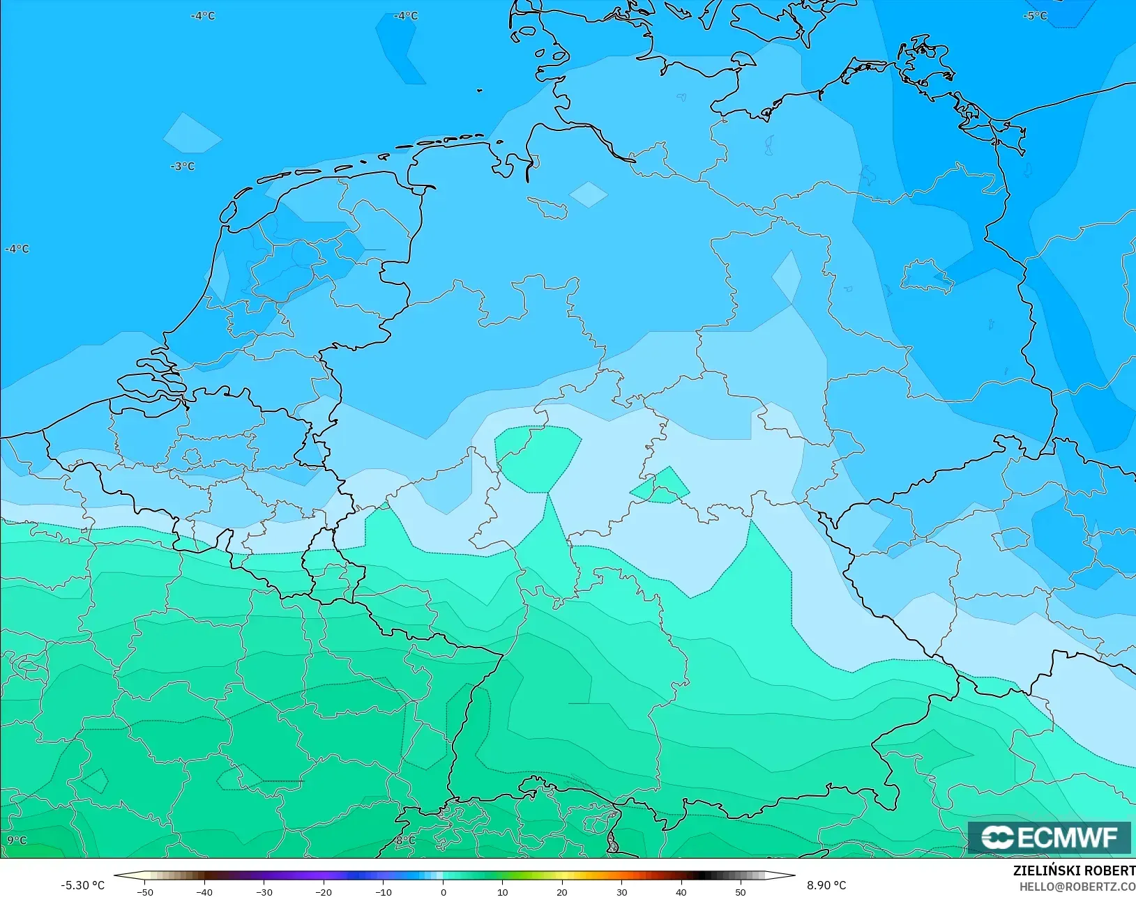 ECMWF IFS 0.25° モデル - ドイツ, 気温（850hPa）