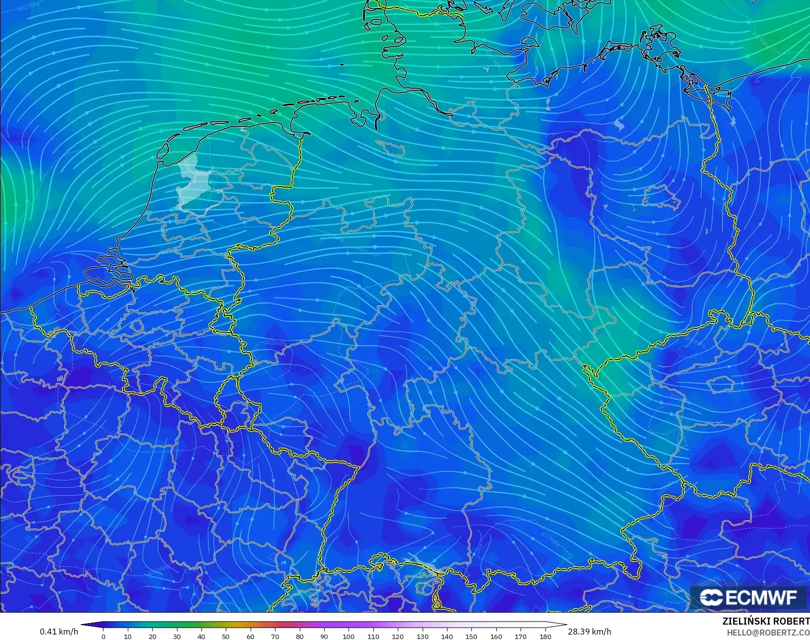 ECMWF IFS 0.25° モデル - ドイツ, 風速（10m）
