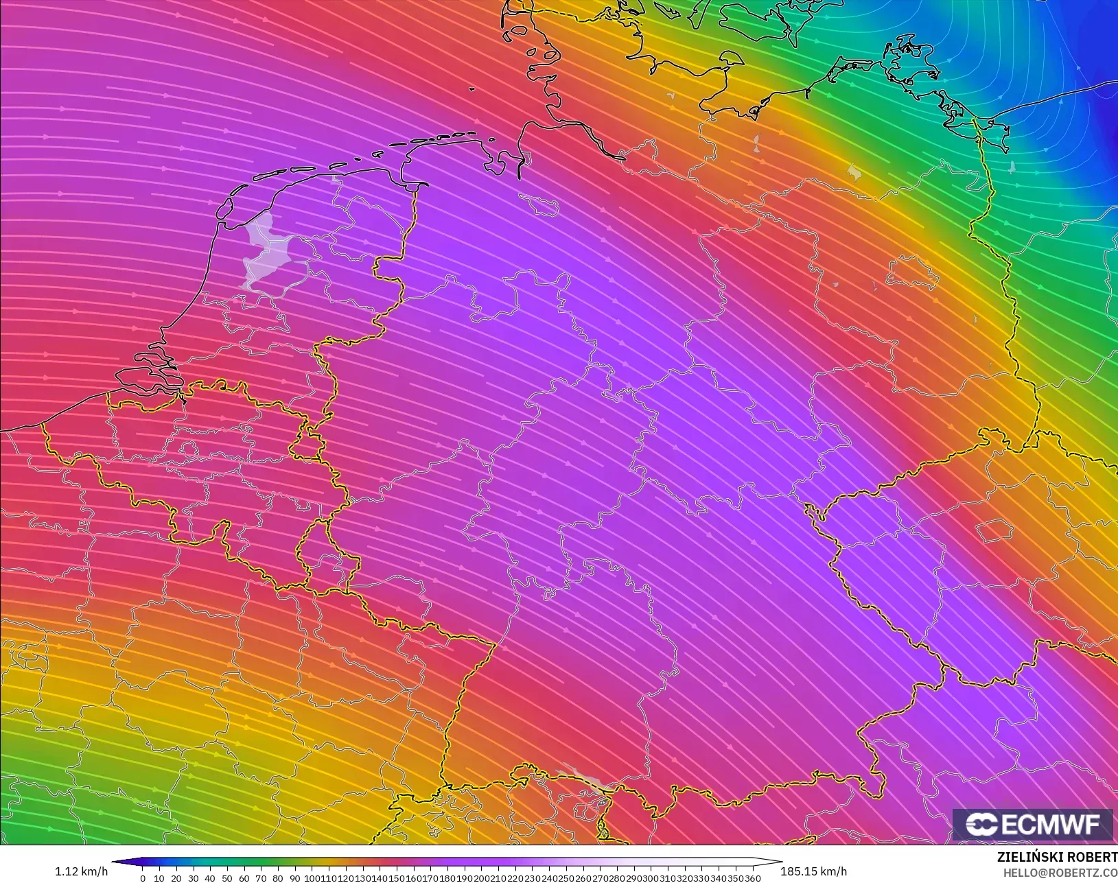 ECMWF IFS 0.25° モデル - ドイツ, 風速（300hPa）