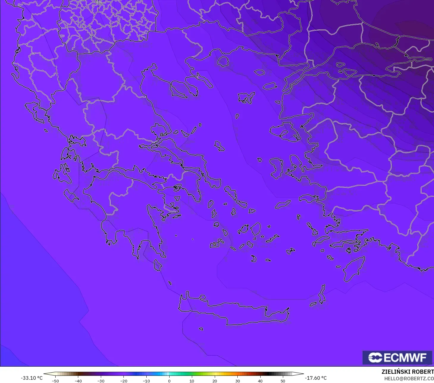 ECMWF IFS 0.25° モデル - ギリシャ, 気温（500hPa）