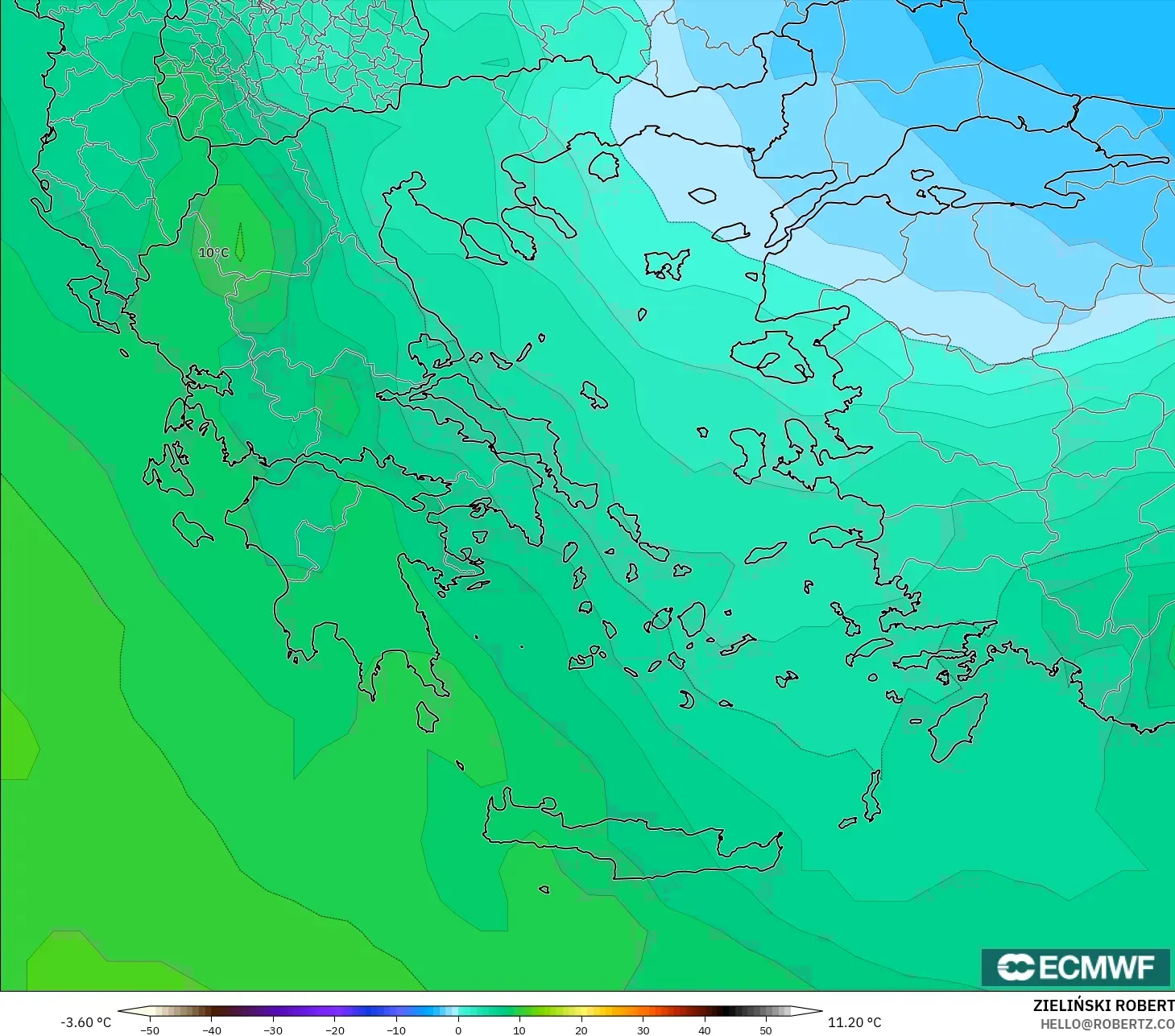 ECMWF IFS 0.25° モデル - ギリシャ, 気温（850hPa）