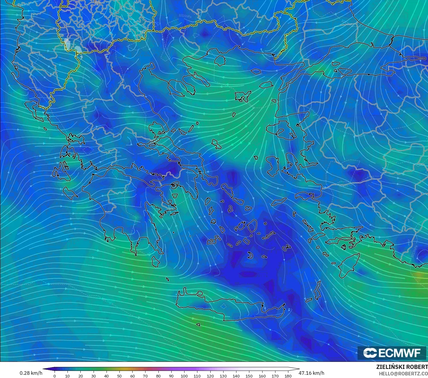 ECMWF IFS 0.25° モデル - ギリシャ, 風速（10m）