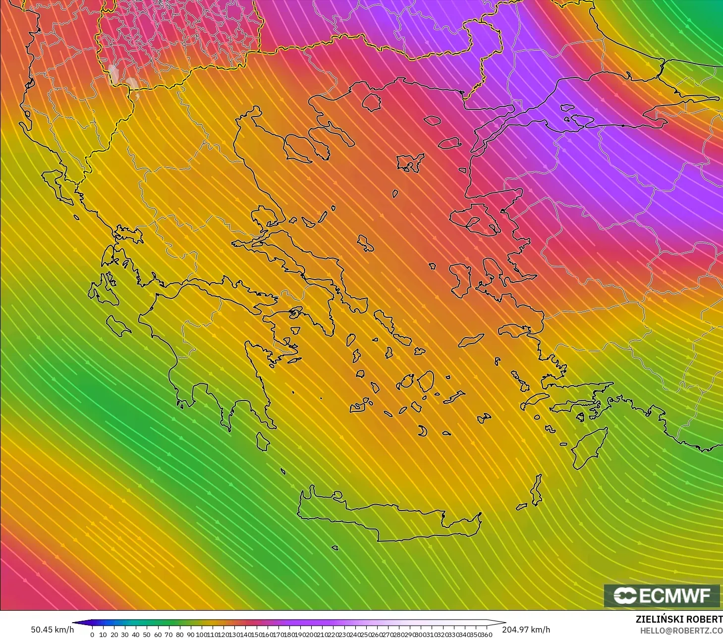 ECMWF IFS 0.25° モデル - ギリシャ, 風速（300hPa）