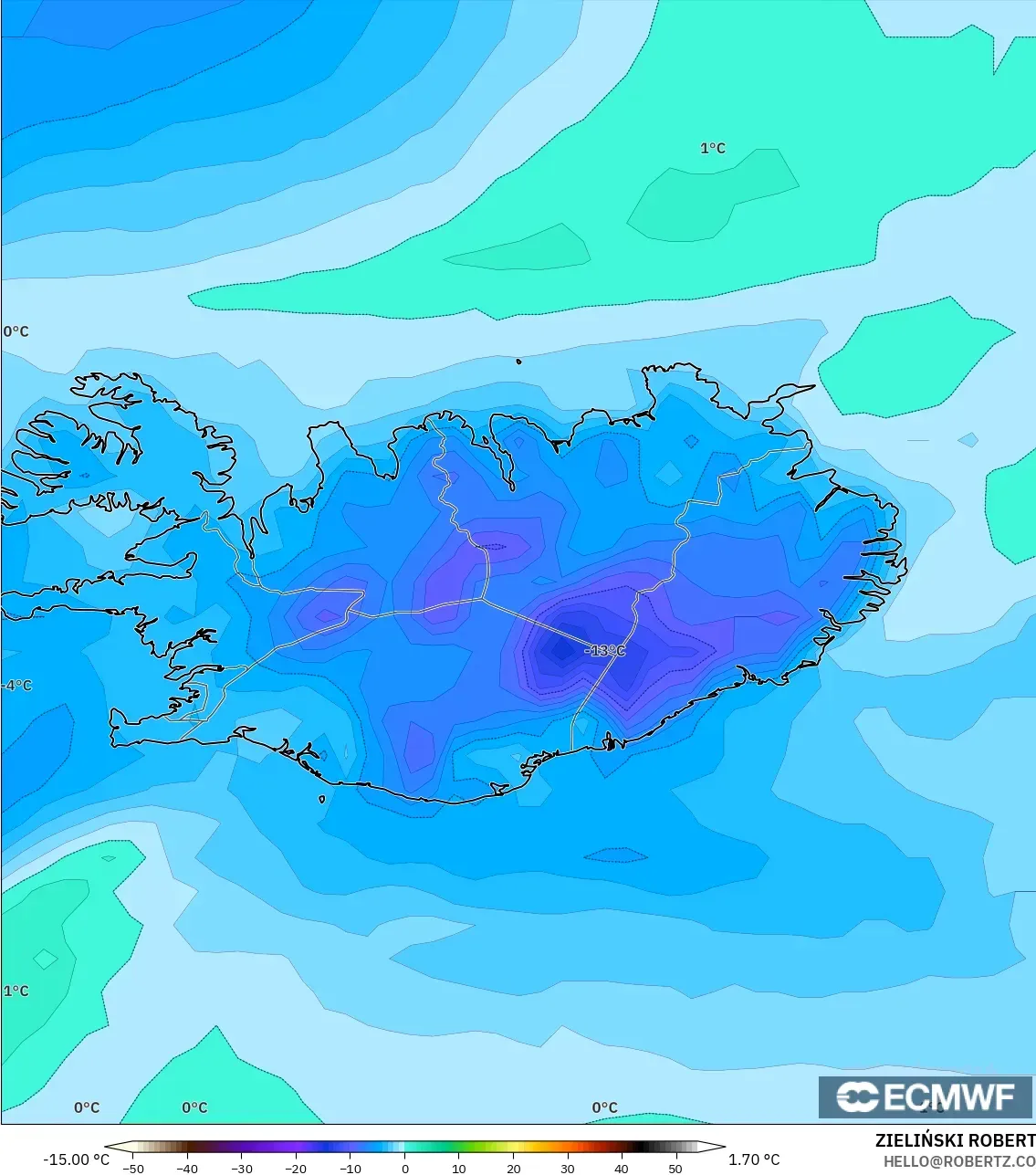 ECMWF IFS 0.25° モデル - アイスランド, 露点温度（2m）