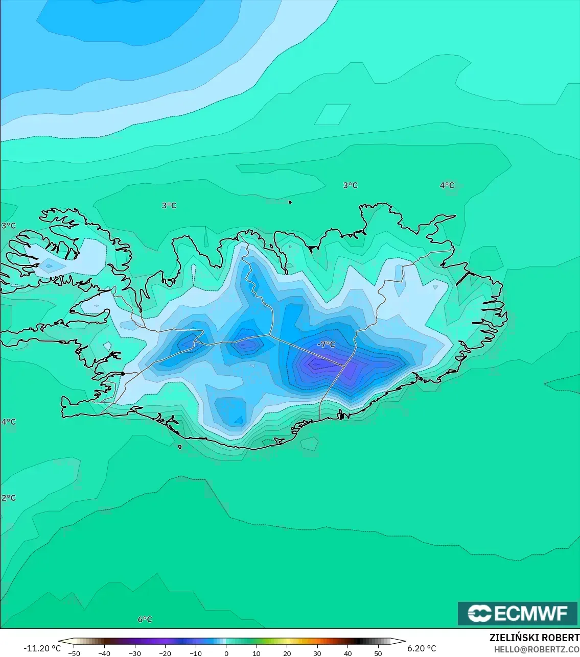 ECMWF IFS 0.25° モデル - アイスランド, 気温（2m）