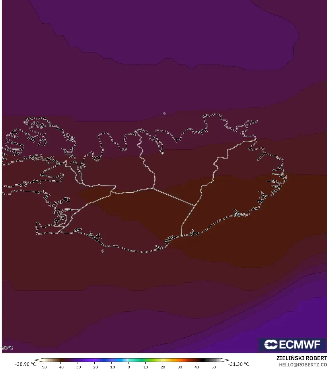 ECMWF IFS 0.25° モデル - アイスランド, 気温（500hPa）