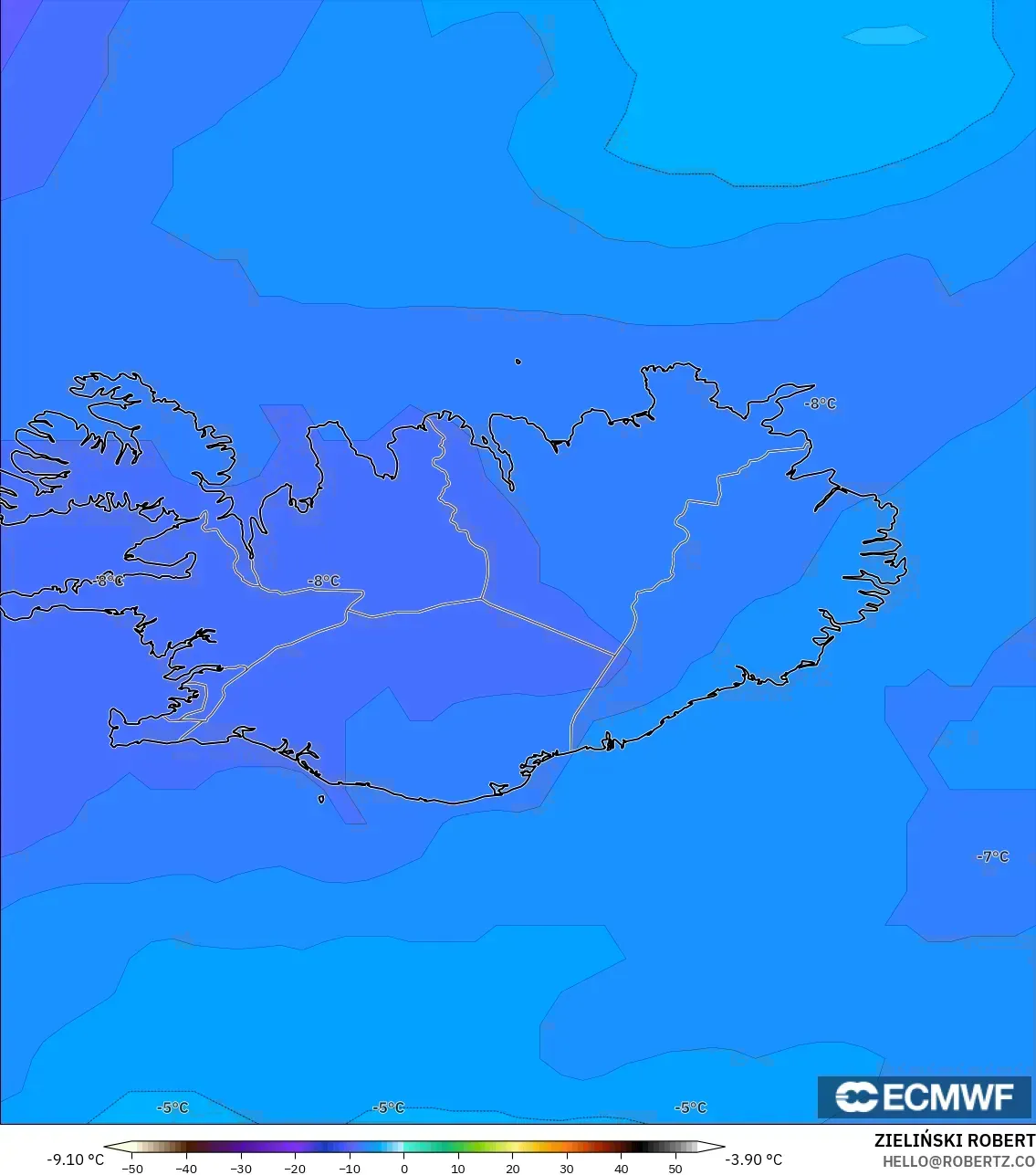 ECMWF IFS 0.25° モデル - アイスランド, 気温（850hPa）